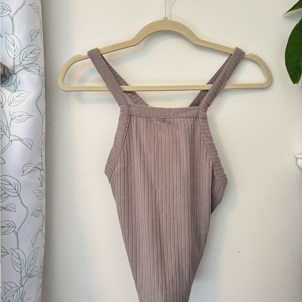 Me to We Ribbed Taupe Sleeveless Top